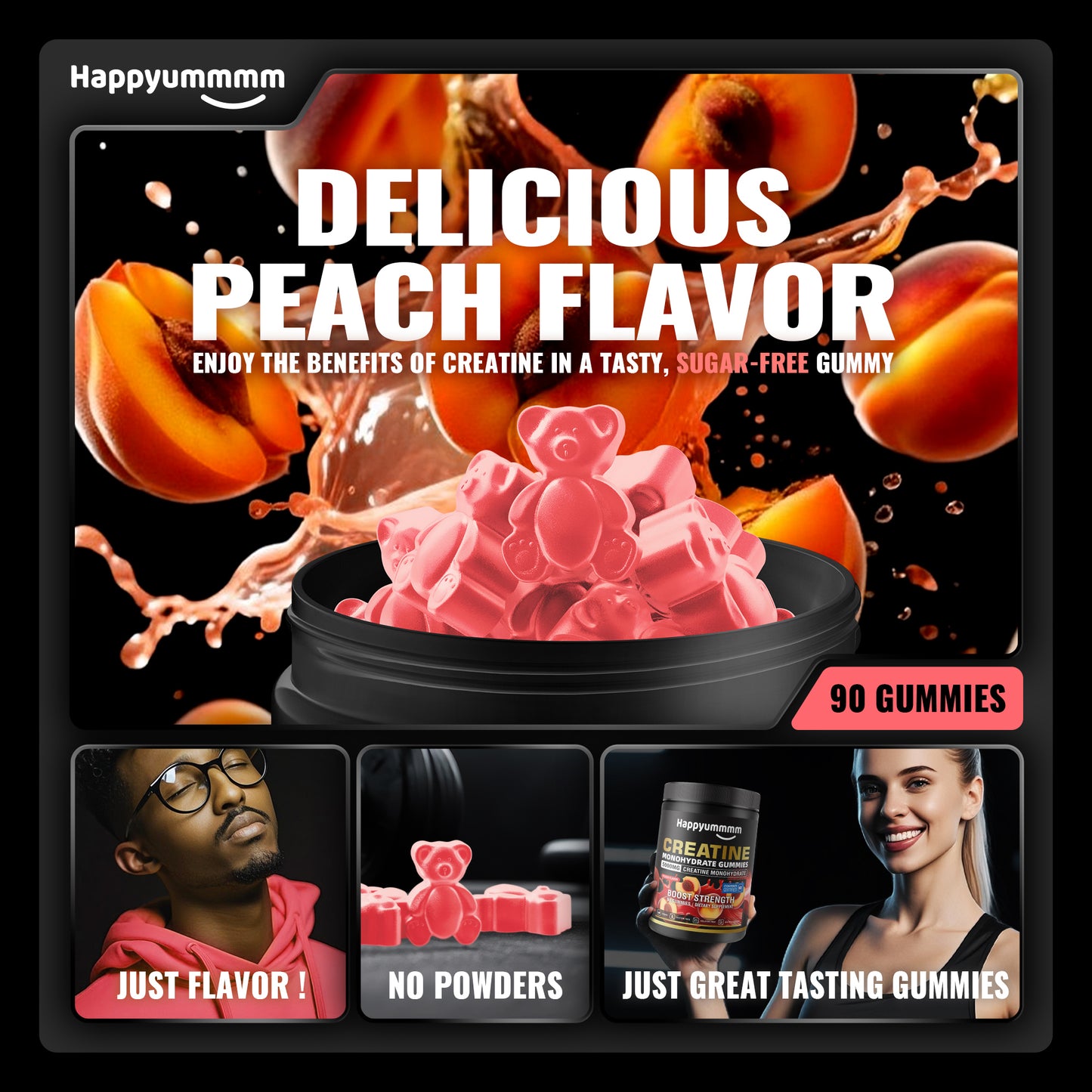 Happy Creatine - Bear Black Jar (Peach)